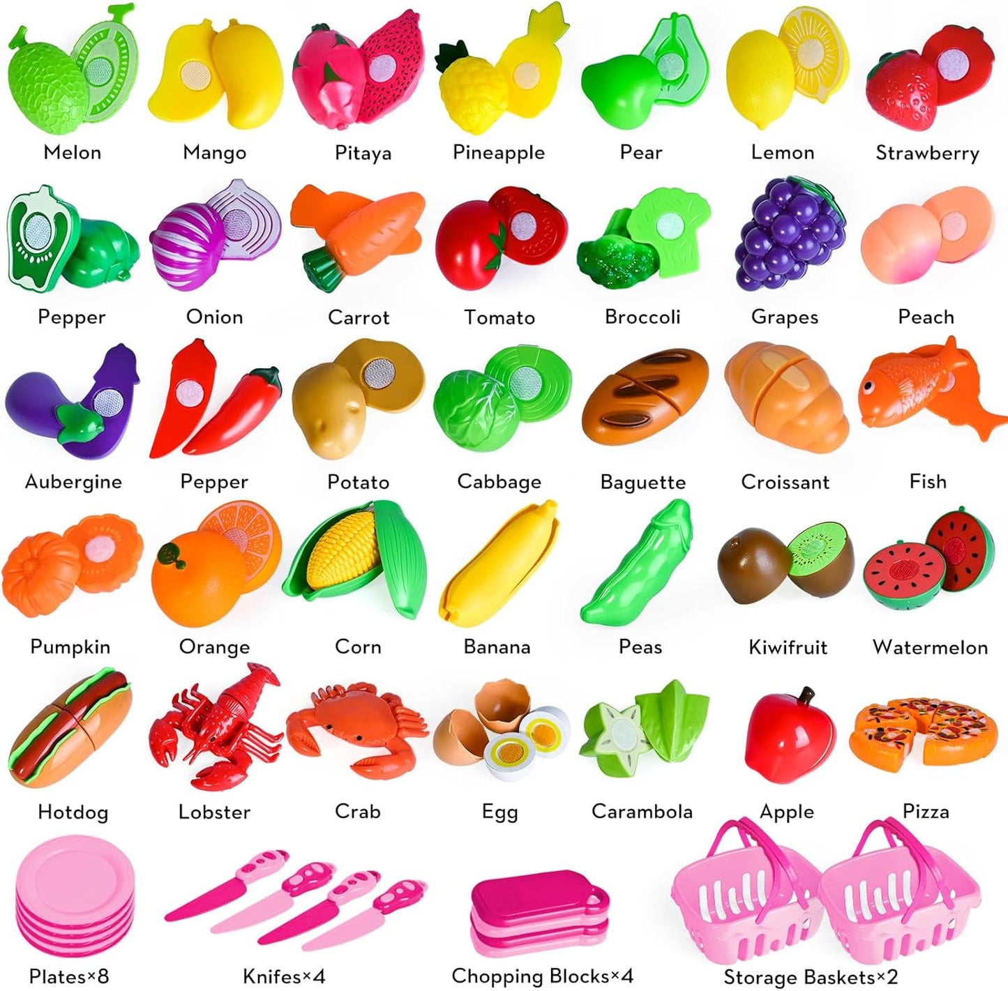 100 PCS Cutting Play Food Toy for Kids Kitchen, Pretend Food Toys for Toddlers, Play Kitchen Toys Accessories with 2 Baskets, Fake Food/Fruit/Vegetable, Birthday Gifts for 3 4 5 Years Old Boys Girls