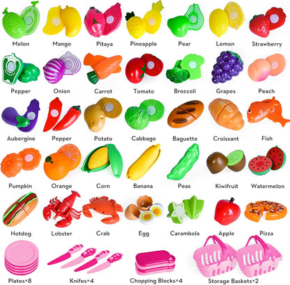 100 PCS Cutting Play Food Toy for Kids Kitchen, Pretend Food Toys for Toddlers, Play Kitchen Toys Accessories with 2 Baskets, Fake Food/Fruit/Vegetable, Birthday Gifts for 3 4 5 Years Old Boys Girls