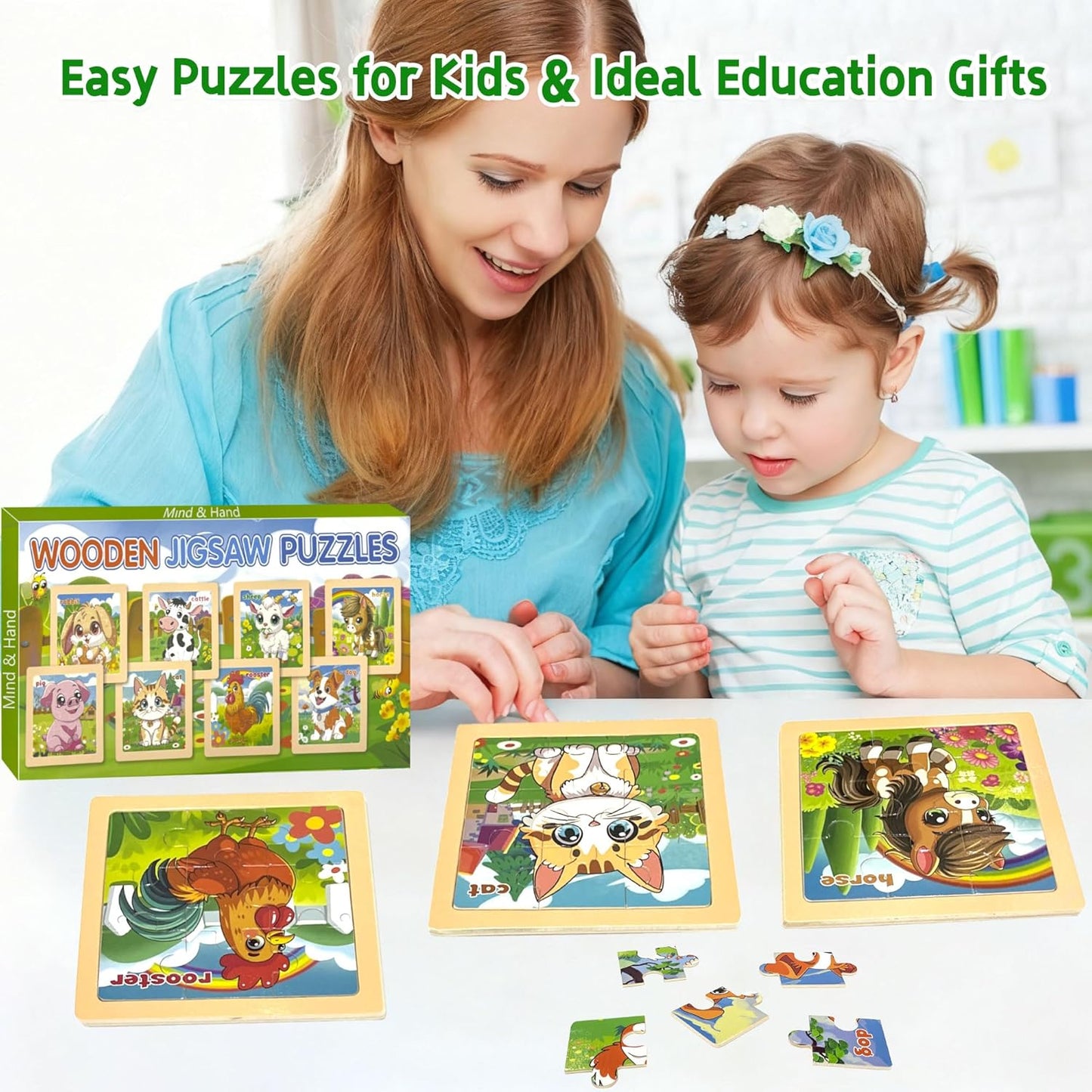 Wooden Animals Puzzles for Toddlers 2-4, 8 Pack 9 PCS Jigsaw Puzzles for Kids 2-4, Wooden Puzzles for Toddlers 3-5, Animal Puzzles for Kids 3-5, Preschool Puzzles Learning Educational Sets Toys