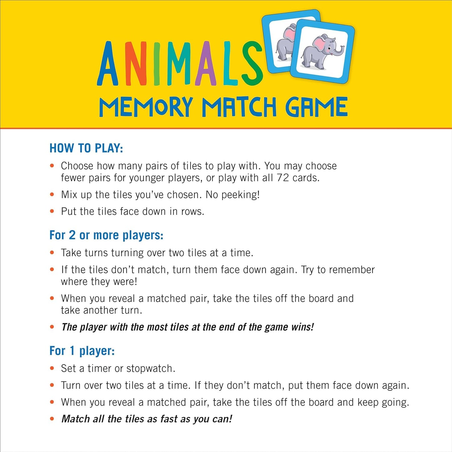 Animals Memory Match Game (Set of 72 cards)