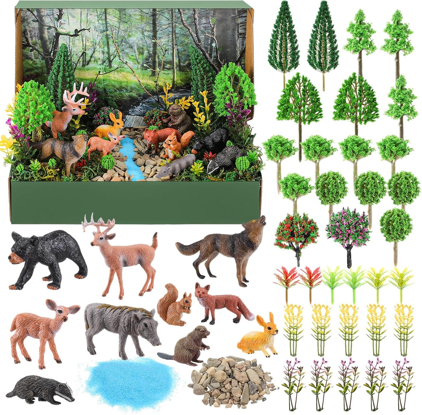Teyva Daily 48 Pcs Dinosaur Diorama Kit Habitat Project Box Set 3D Dinosaurs Diorama Supplies Include Dinosaurs Model Figures & Eggs Volcano Artificial Trees with Cardboard for DIY Crafts Gifts