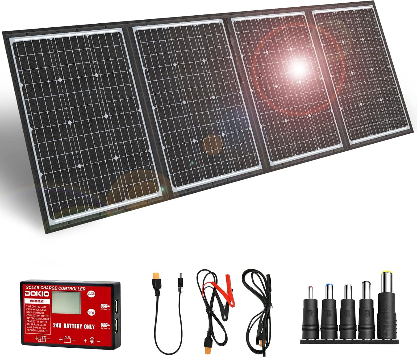 DOKIO 100W Portable Foldable Solar Panel Kit, Compact 18.9x26in Design 5.3lb with Standalone Controller and USB, Monocrystalline Charger for 12V Batteries, Power Stations, RV Camping Emergency Use
