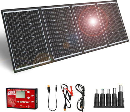 DOKIO 100W Portable Foldable Solar Panel Kit, Compact 18.9x26in Design 5.3lb with Standalone Controller and USB, Monocrystalline Charger for 12V Batteries, Power Stations, RV Camping Emergency Use