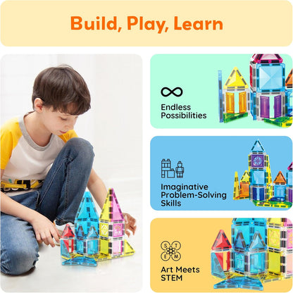 PicassoTiles 60 pcs Mini Magnetic Tiles Magnet Toys Travel-Friendly On-The-Go Building Blocks for Kids Compact Lightweight Creative playset Preschool Montessori Early Learning STEM Kids Toy Ages 3+.