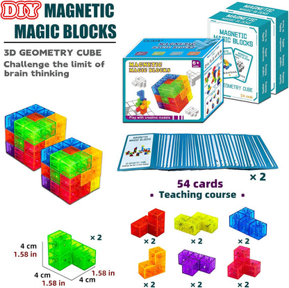 Magnetic Building Blocks Magic Magnetic 3D Puzzle Cubes, Set of 7 Multi Shapes Magnetic Blocks with 54 Guide Cards,Parent-Child Interactive Children's Educational Toys (7color)