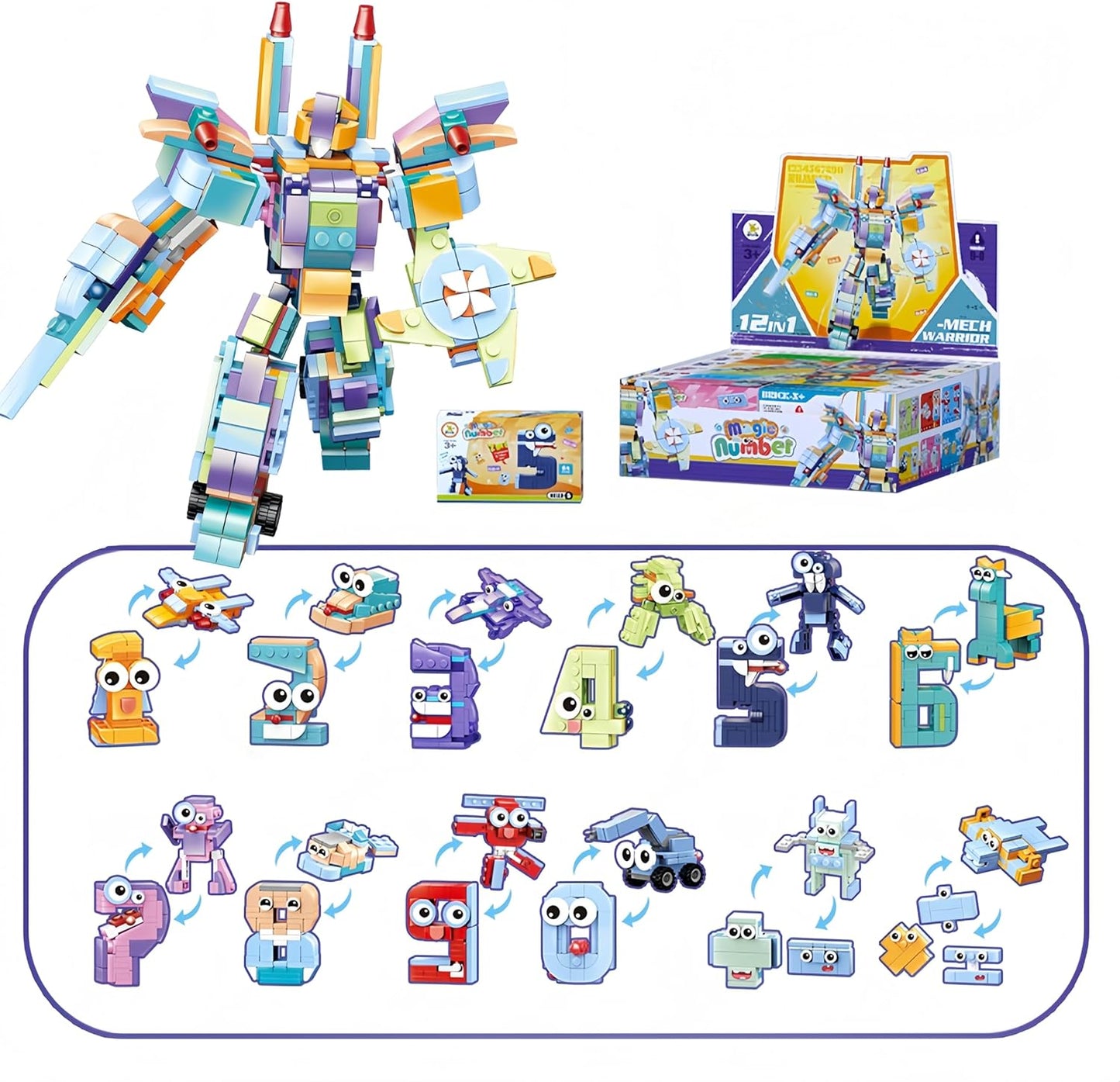 QMEAKMONY 12-in-1 Number & Mech Warrior Building Blocks Set, STEM Educational Kit with Digital Transformation & Giant Robot Combo, Creative Construction Toy for Enthusiasts