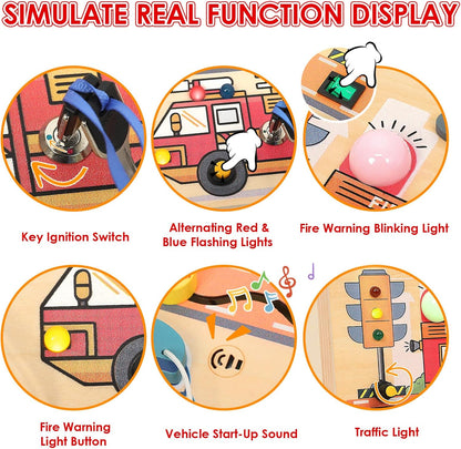 Wdmiya Montessori Busy Board for Toddlers 2-4, Fire Truck Activity Board with LED Lights & Sounds, Wooden Sensory Learning Toy with Rotary Phone, Helicopter & Gears, for 2 3 4 Year Old Boys Girls Gift