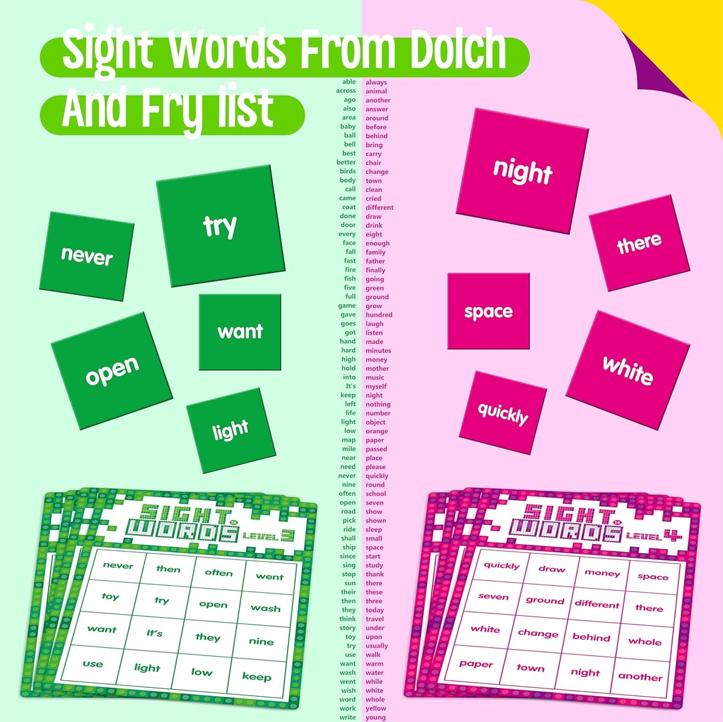 Sight Word Bingo Game, 144 Sight Words Learn to Read Level 1 & Level 2 Bingo Board Game Dolch's & Fry's Words Lists for Kindergarten and Preschool, Grade 1st, 2nd, Kids 4-8 (Up to 25 Players)