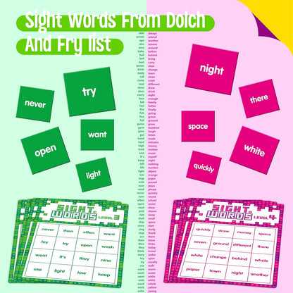 Sight Word Bingo Game, 144 Sight Words Learn to Read Level 1 & Level 2 Bingo Board Game Dolch's & Fry's Words Lists for Kindergarten and Preschool, Grade 1st, 2nd, Kids 4-8 (Up to 25 Players)