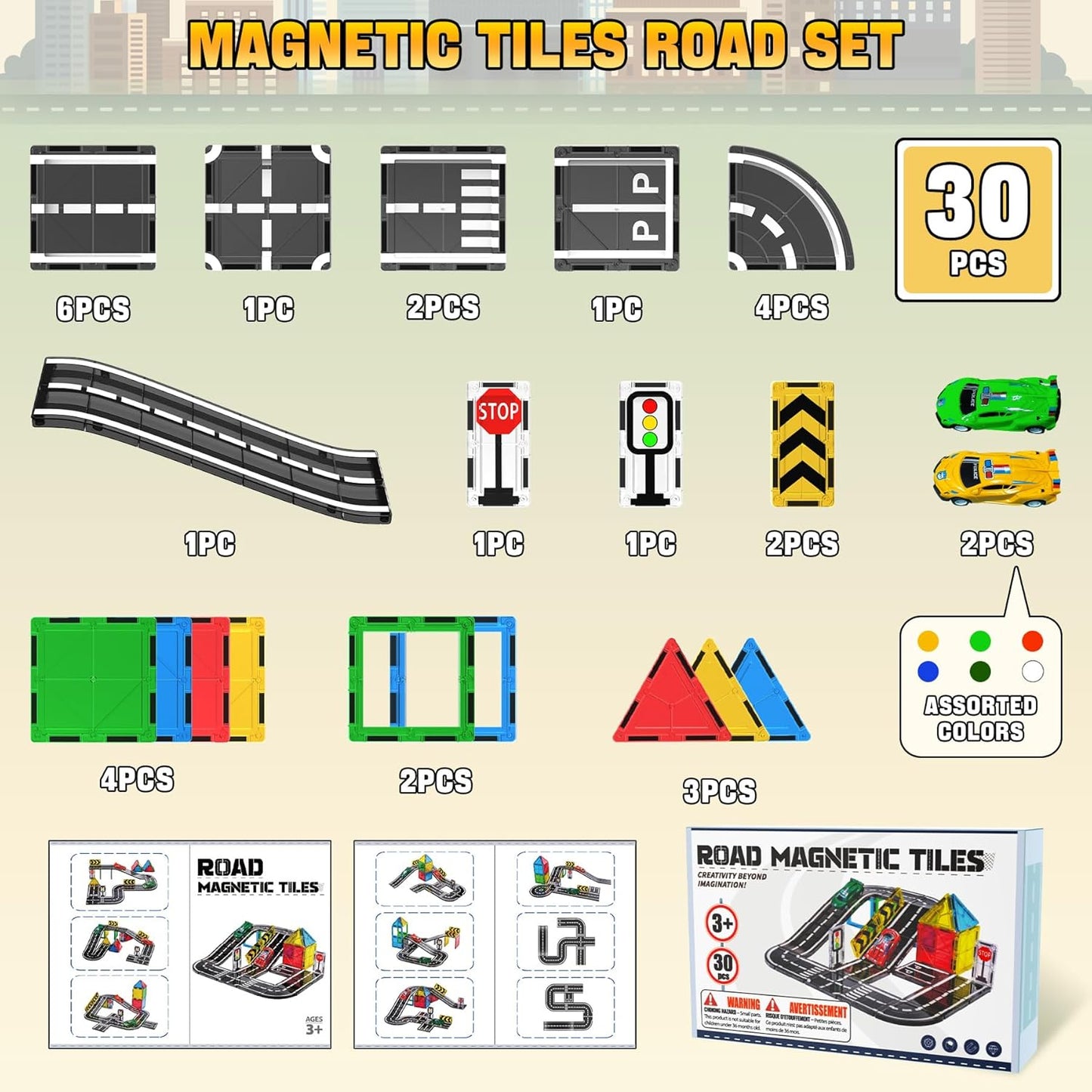150PCS Magnetic Tiles Road Set with Marble Run, Preschool Magnet Tiles Included Magnetic Cars. STEM Magnetic Tiles for Kids, Preschool Educational Building Toys for Boys & Girls