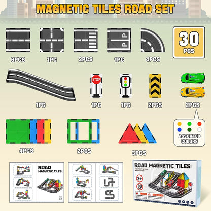 150PCS Magnetic Tiles Road Set with Marble Run, Preschool Magnet Tiles Included Magnetic Cars. STEM Magnetic Tiles for Kids, Preschool Educational Building Toys for Boys & Girls