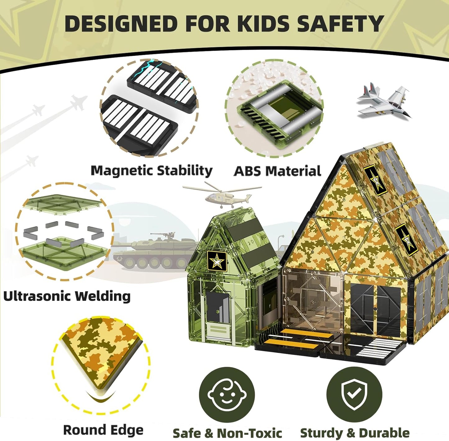 GobiDex 100PCS Army Magnetic Tiles Building Set for Kids, STEM Military Magnetic Building Blocks with 6 Magnetic Army Men, Educational Construction Toys Gift for Boys Girls 3 4 5 6 7 8 9+ Year Old