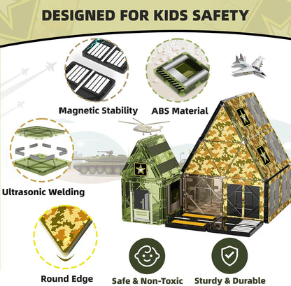 GobiDex 100PCS Army Magnetic Tiles Building Set for Kids, STEM Military Magnetic Building Blocks with 6 Magnetic Army Men, Educational Construction Toys Gift for Boys Girls 3 4 5 6 7 8 9+ Year Old