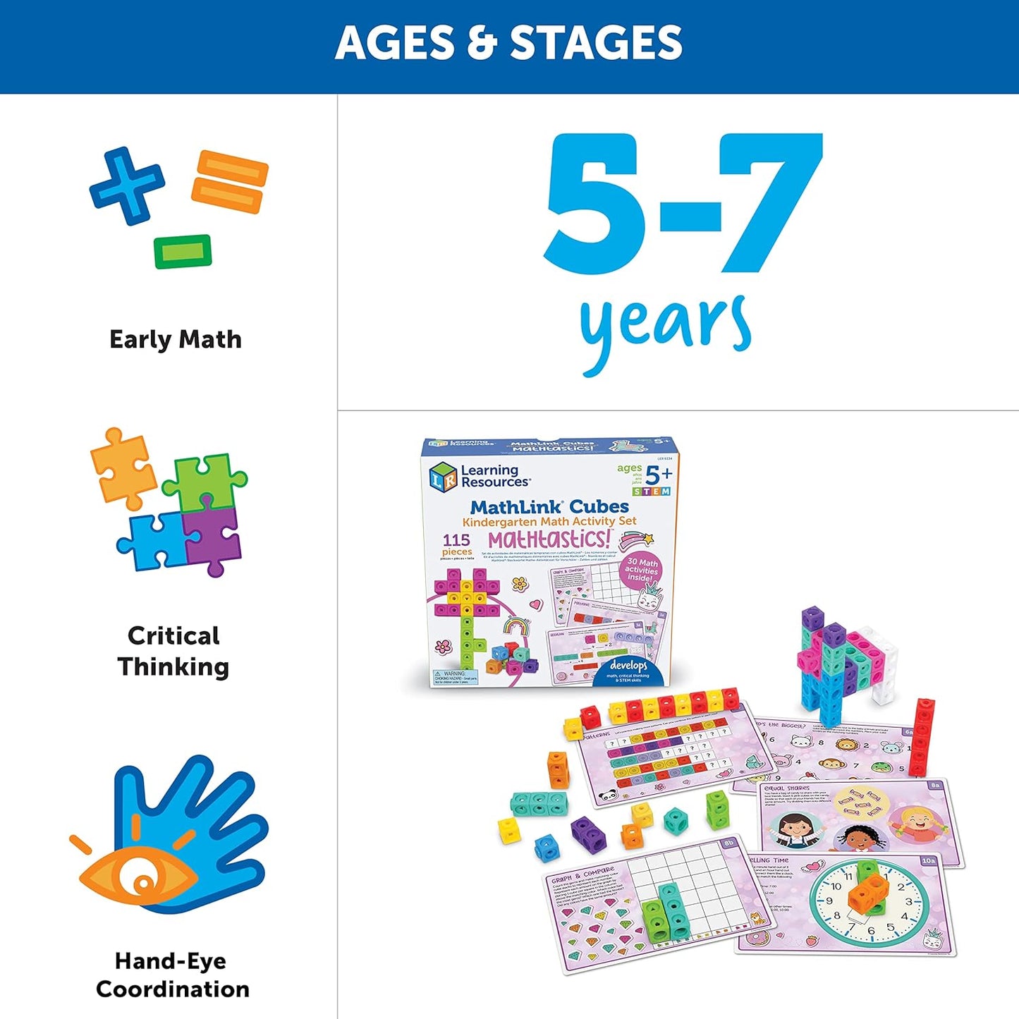 Learning Resources MathLink Cubes Kindergarten Math Activity Set Sea Adventures! - 115 Pieces, Age 5+, STEM Teaching Toys, Kindergartner Games