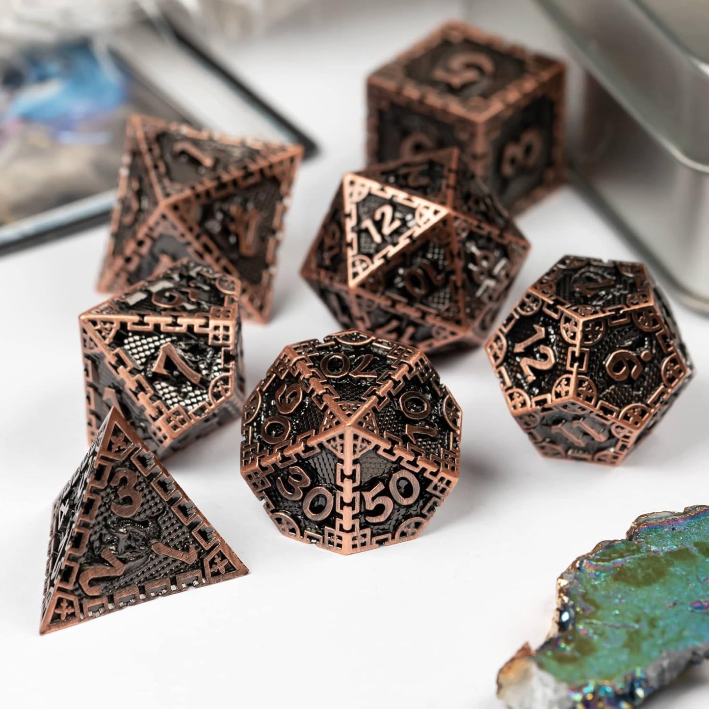 UDIXI Steampunk Metal Dice Set, 7 Die Polyhedral DND Dice Set for D&D Role Playing Game and Math Teaching (Ancient Copper)