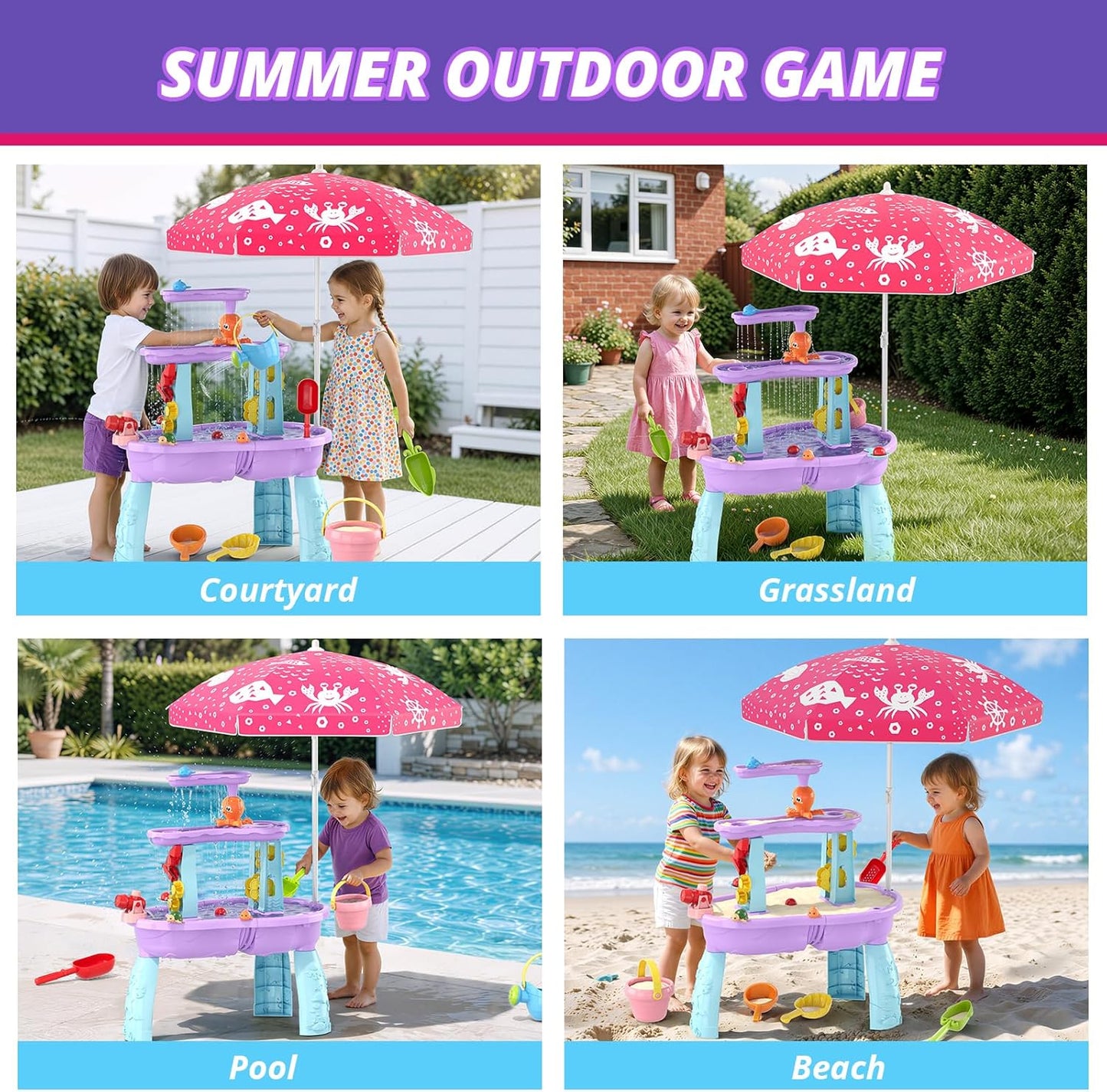 Wee Wonders 3-Tier Water Table for Toddlers, Kids Sand Water Table with Adjustable Umbrella, Sand Toys & Fishing Game, Sensory Table Activity Playset for Outdoor Beach, Summer Toys for Girls Boys 3-5