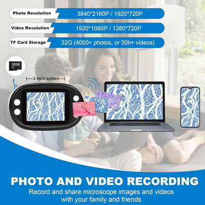 1000X Handheld Digital Microscope for Kids 2'' HD Screen 4K Rechargeable Mini Pocket Microscope with Slide Kit, Microscope Stand, 32G SD Card for Education Gift Age 4-6 8-12 Children