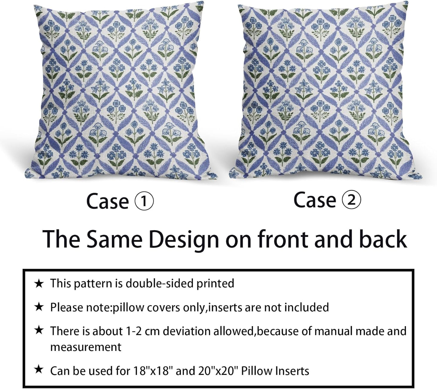 Blue Green Floral Block Print Pillow Covers 12X20 Set of 2, Flower Pattern Spring Summer Print Decorative Throw Pillow Covers Outdoor Farmhouse Seasonal Cushion Case Couch Sofa Bed Decor