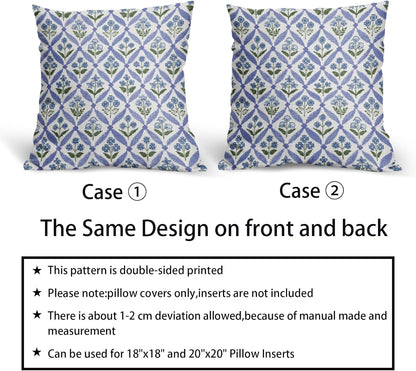 Blue Green Floral Block Print Pillow Covers 12X20 Set of 2, Flower Pattern Spring Summer Print Decorative Throw Pillow Covers Outdoor Farmhouse Seasonal Cushion Case Couch Sofa Bed Decor