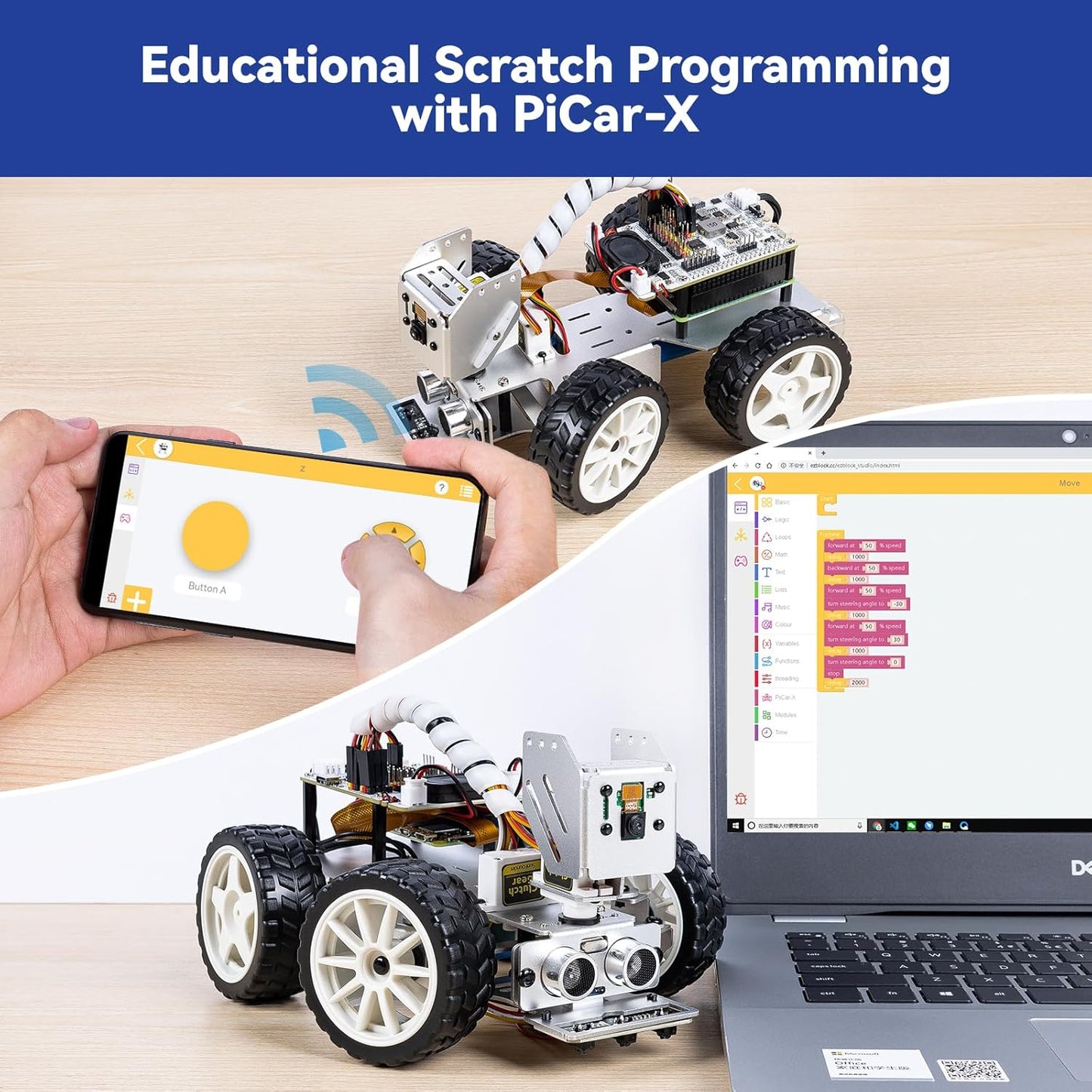 SunFounder Picar-X AI Video Robot Car Kit for Raspberry Pi 5/4/3B+/Zero 2w, LLMs ChatGPT-4o/Gemini/Grok, Voice&Video Recognition, Python, Scratch, Camera, Batterry (RPI NOT Included)