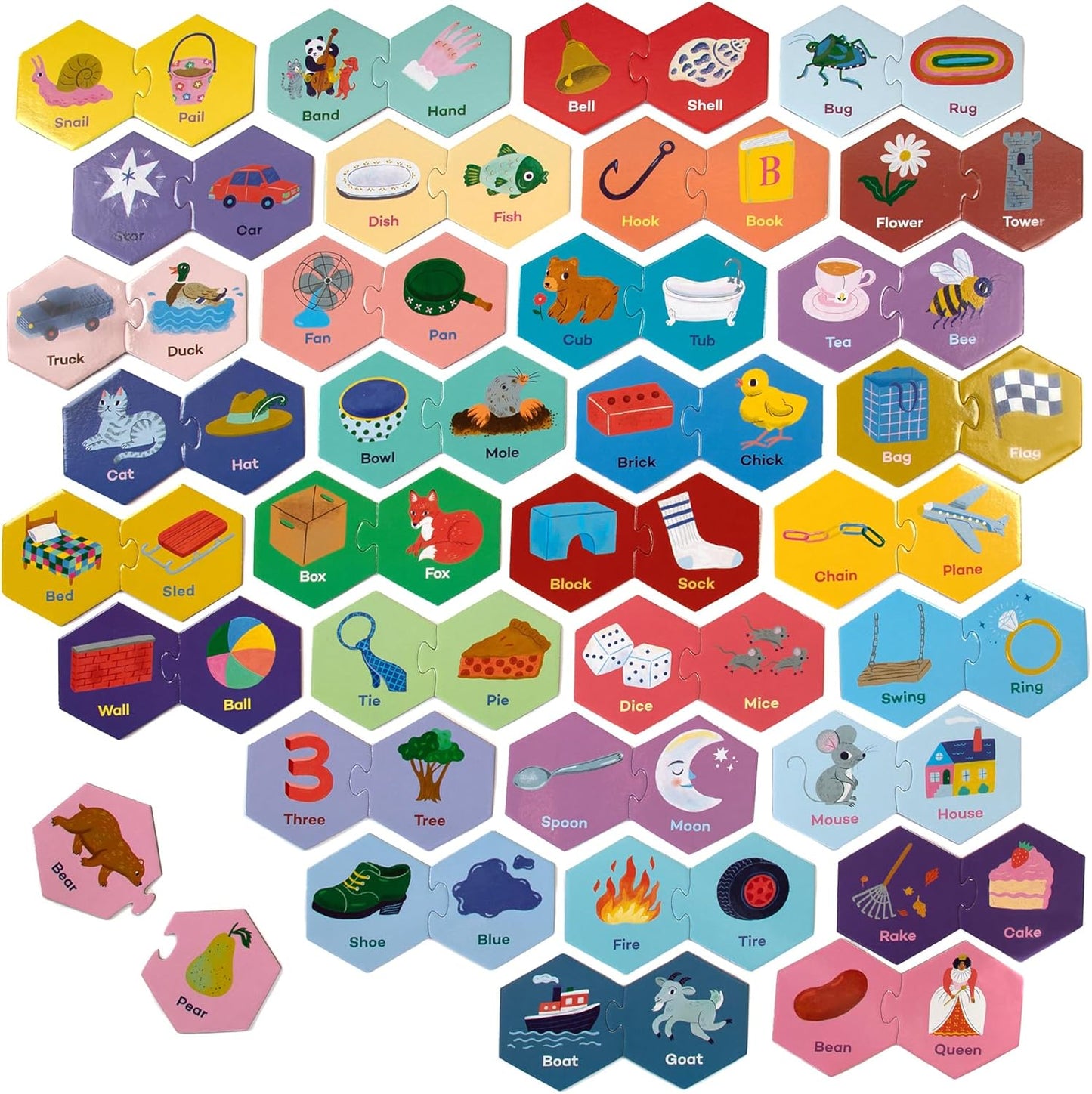 eeBoo Hexagon Puzzle Pairs - Rhyming Words, 33 Self-Correcting Pairs, Match Sounds to Images, Pre-Reading Activity for Preschool Kids Ages 3 and up