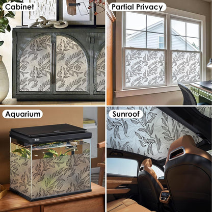 Leaf Pattern Window Tint with Installation Tools, Blackout Window Cover, Sun Blocking Window Tint for Home (Full Blackout Opaque, 17.7'' x 78.7'')