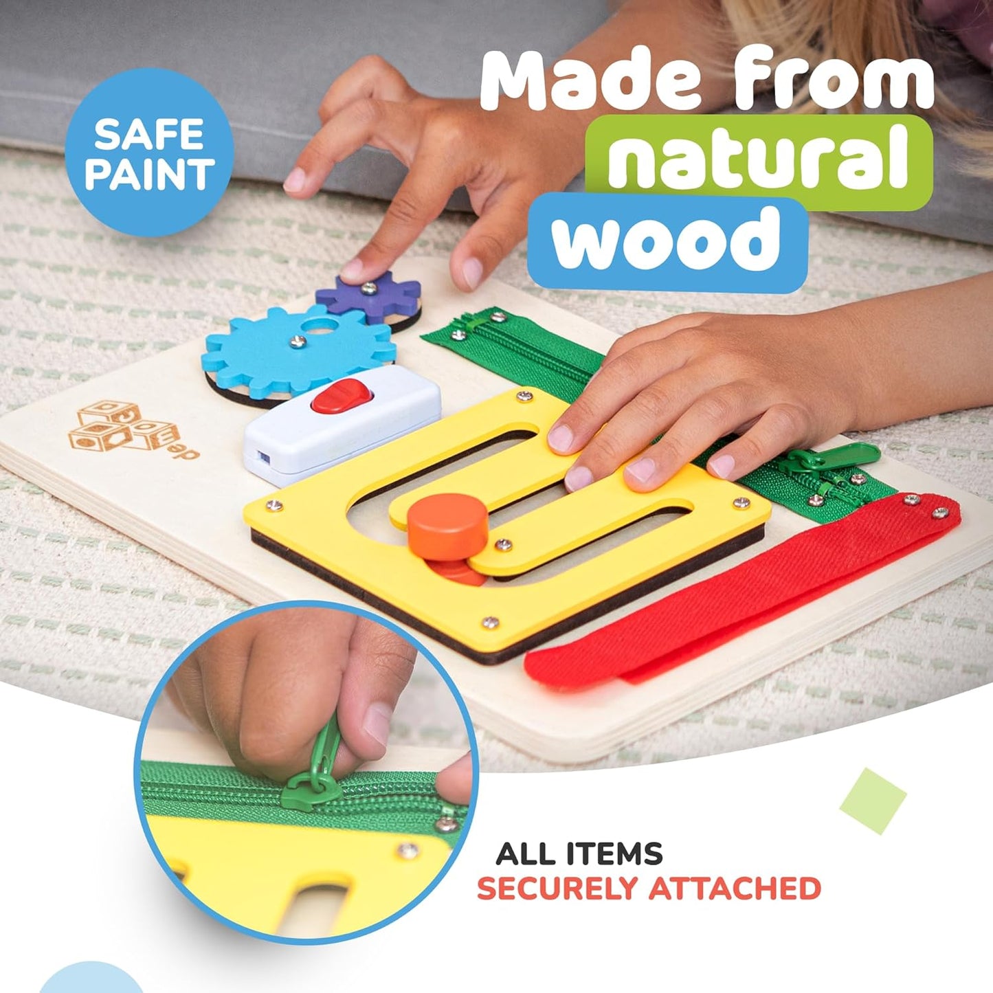 deMoca Toddler Busy Board for 1 Year Old, Travel Baby Wooden Montessori Busy Board for Toddlers 1–3, Switch and Fidget Activities for Early Motor Skills and Travel Play