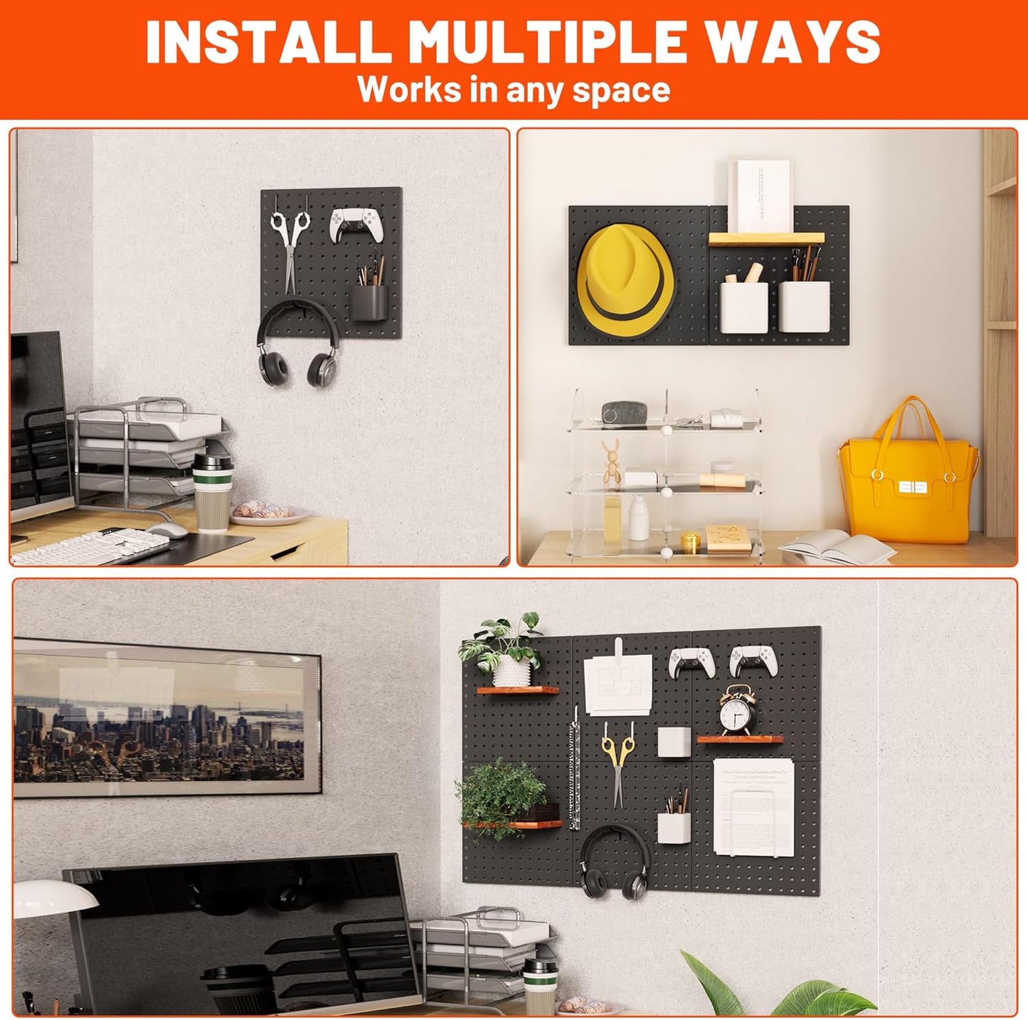 ValueMax 6 Pack Metal Pegboard Panels, 12”x 12” Heavy Duty Metal Pegboard Wall Organizer for Home, Garage, Workbench, Kitchen, Craft Room Tool Storage, Black Modular Peg Board Organizer Board