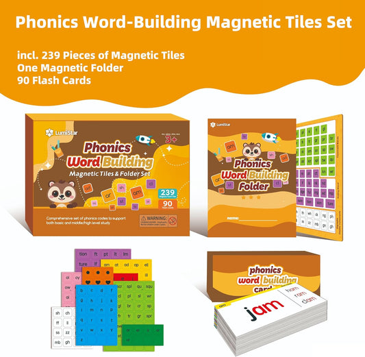 Phonics Word Building Magnetic Tiles Set, Phonics Manipulatives, Magnetic Letter Tiles, Educational Learning Kit with 239 Foam Tiles, 90 Cards, Magnetic Folder