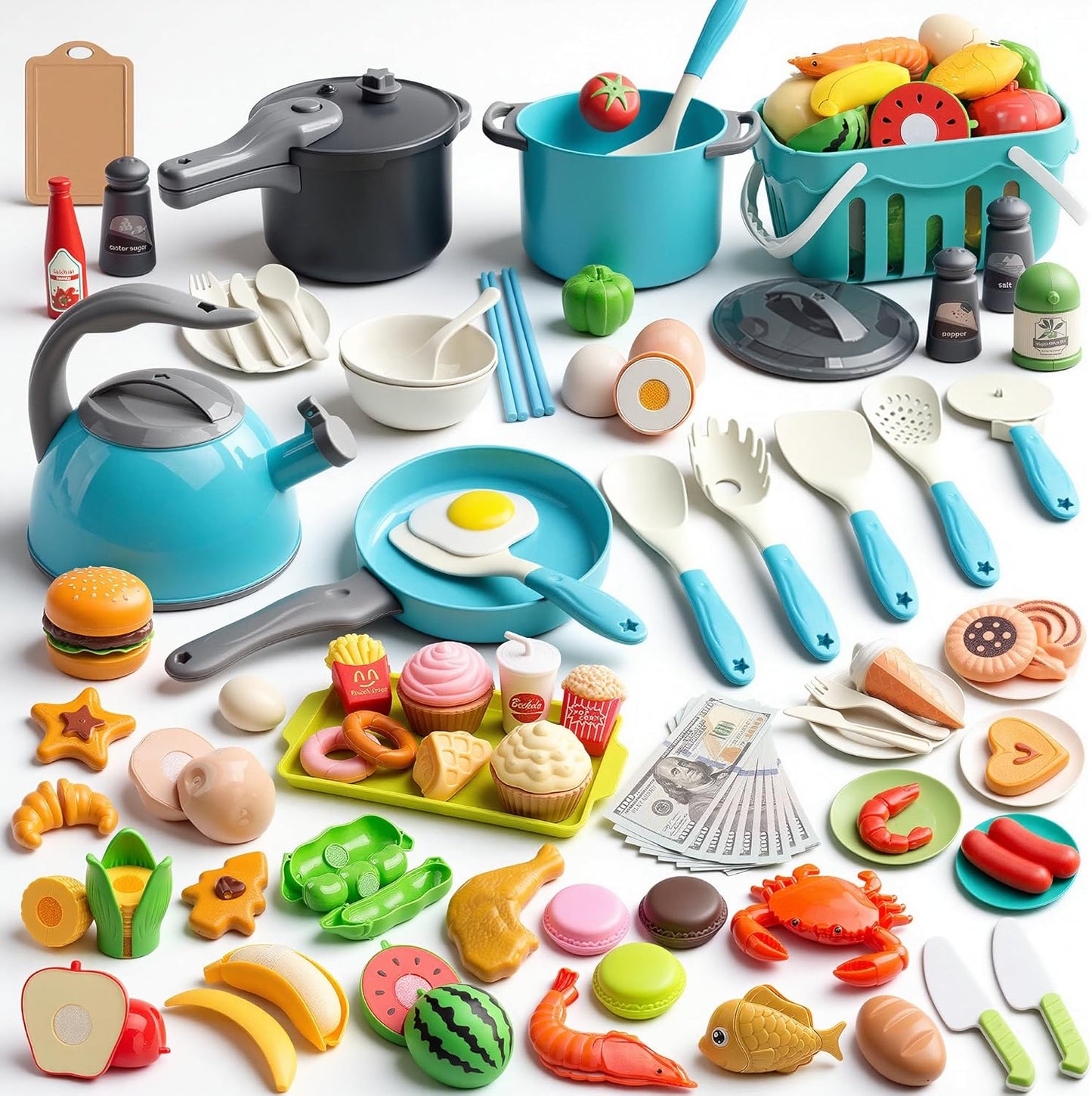 130Pcs Kitchen Playset, Toddler Pretend Cooking Play Pots, Pans, Utensils Cookware, Daily Food Fruit Veges, Shopping Storage Basket, Dessert, Prop Money, Learning Gift for Child (Pink)