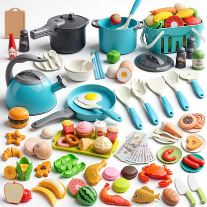 130Pcs Kitchen Playset, Toddler Pretend Cooking Play Pots, Pans, Utensils Cookware, Daily Food Fruit Veges, Shopping Storage Basket, Dessert, Prop Money, Learning Gift for Child (Pink)