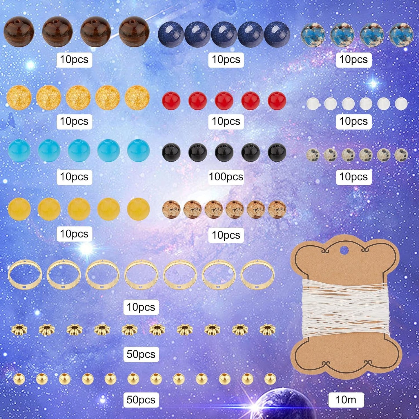 SUNNYCLUE 1 Box 300+Pcs DIY 10 Sets Solar System Bracelets Kit Universe Galaxy The Nine Guardian Planets Bracelet Necklace Tiger Eye Bead Natural Gemstone Beads for Jewelry Making Kits Craft