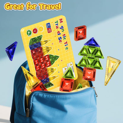 42-Piece Mini Magnetic Tiles Travel Set with Metal Storage Box - Portable STEM Building Blocks for Kids Ages 3-8, Montessori Educational Toys for Airplane & Car Rides, Gift for Boys & Girls