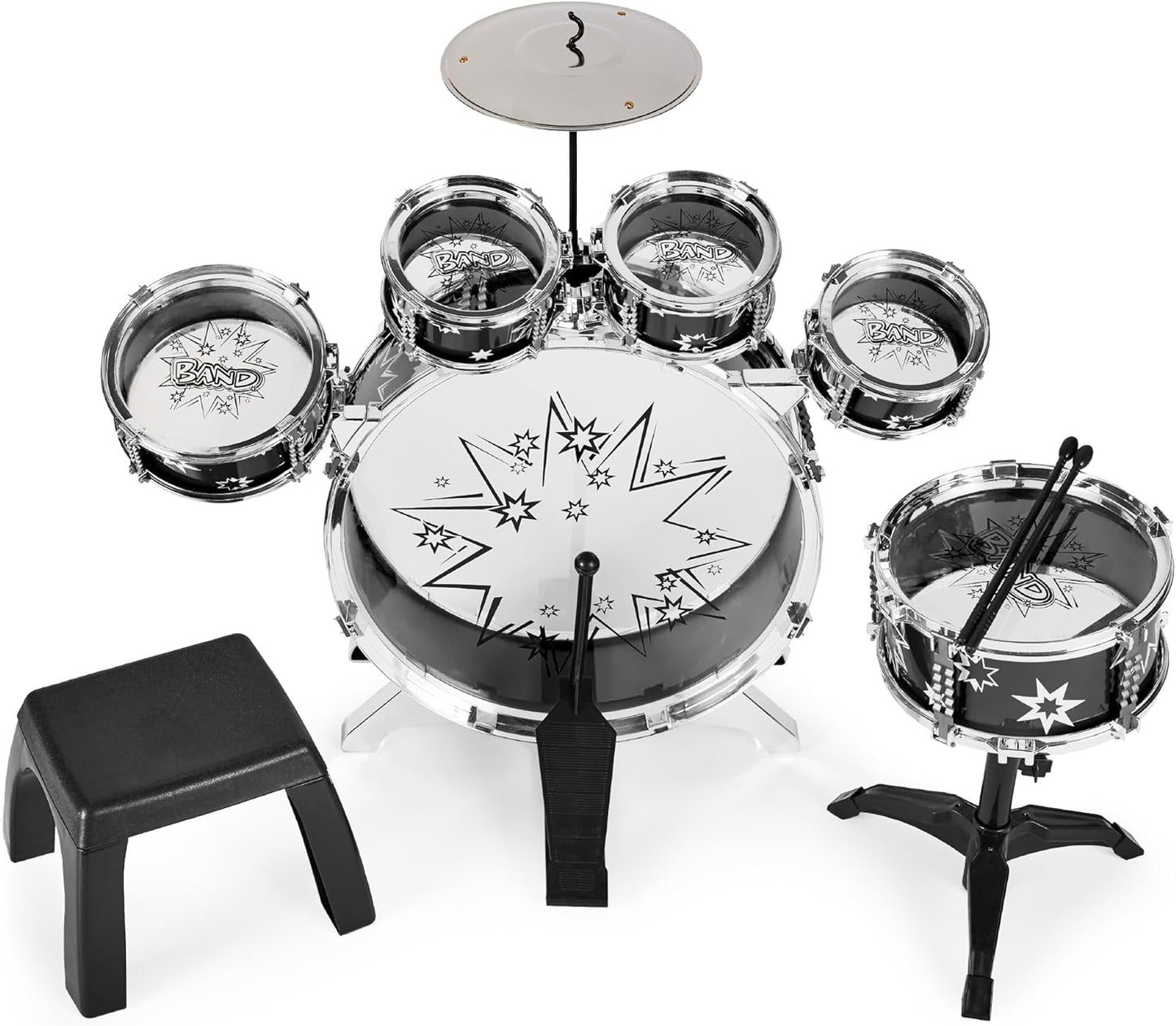 Best Choice Products 11-Piece Kids Beginner Drum Kit, Musical Instrument Toy Drum Set for Music Practice w/Bass, Toms, Snare, Cymbal, Stool, Stand Drumsticks - Black