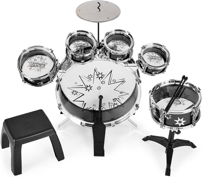 Best Choice Products 11-Piece Kids Beginner Drum Kit, Musical Instrument Toy Drum Set for Music Practice w/Bass, Toms, Snare, Cymbal, Stool, Stand Drumsticks - Black