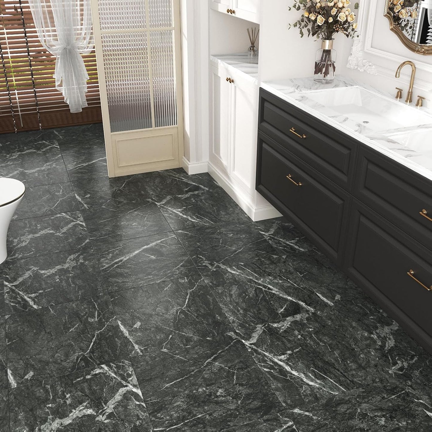 Wallercity White Marble Peel and Stick Vinyl Floor Tiles 6-Pack 12x12 Inches Self Adhesive Waterproof Flooring Planks for Bathroom Kitchen Bedrooms Stick on Floor Tiles Laminate Sheets Vinyl Flooring