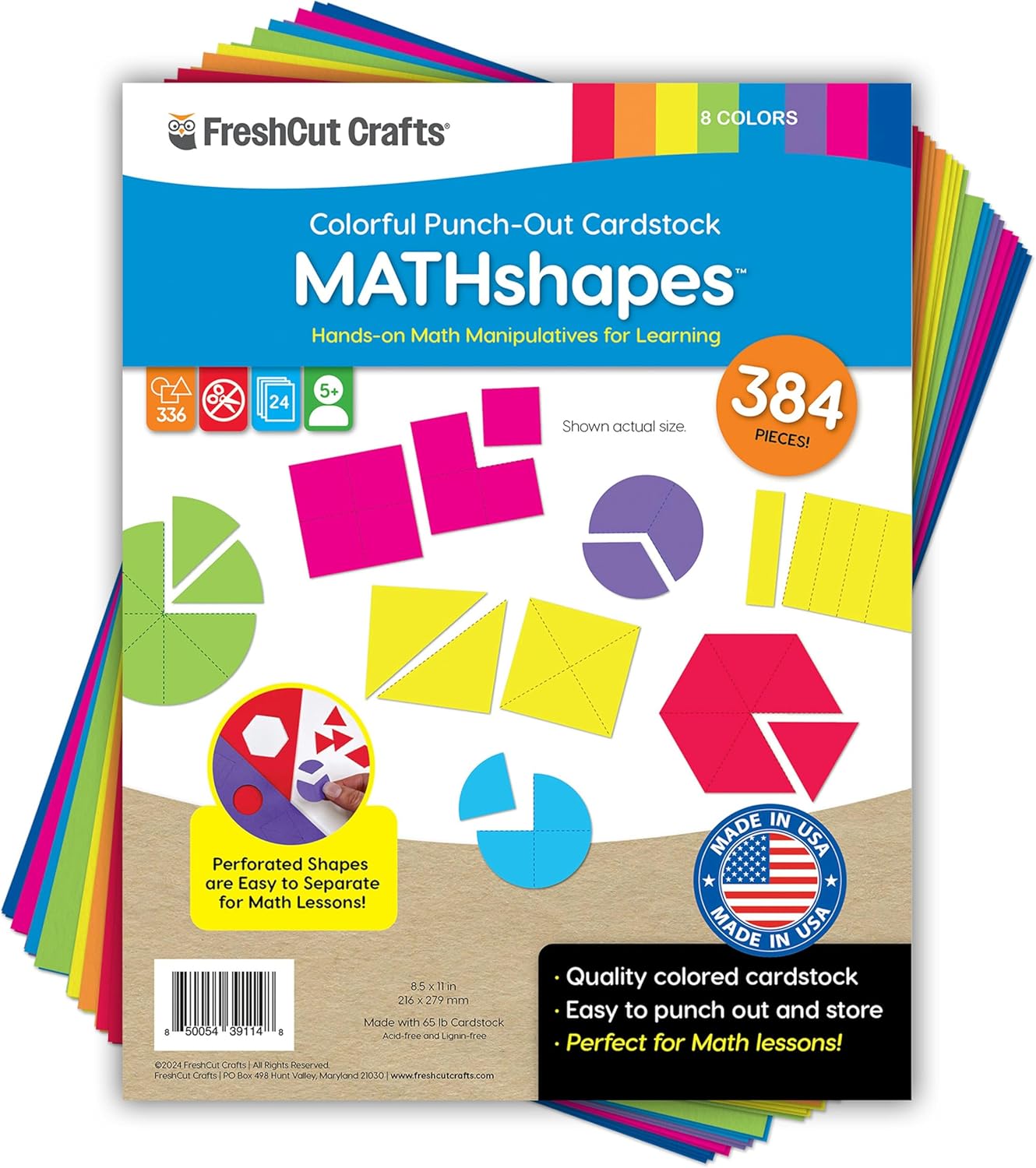 384 Pieces MATHshapes Fractional Math Manipulative Shapes Easy-Punch-Out Easy-to-Separate Paper Shape Cutouts in 8 Bright Colors US Made Card Stock Ideal for Learning Fractions, Measurements, and More