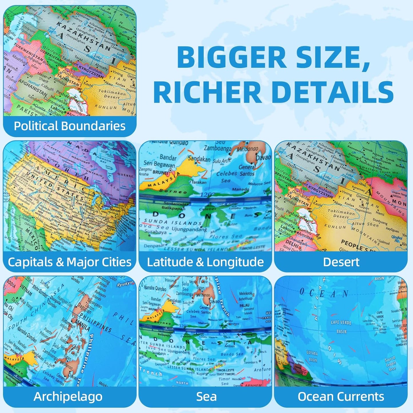 BSHAPPLUS 13 inch Large Globe for Classroom & Home Learning, Political Globe with 195+ Countries, Dry Erase & Waterproof Surface, Solid Stainless Steel Base (No Assembly Required)