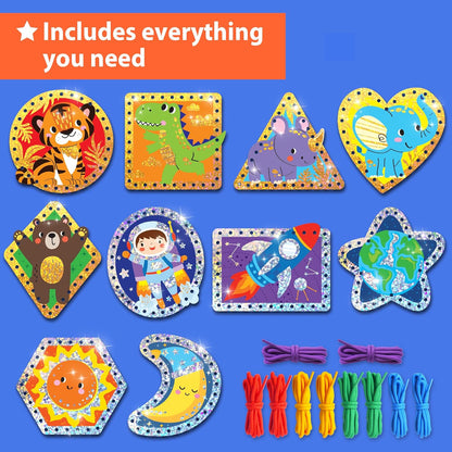 KRAFUN My First Lacing Cards Kit for Toddlers & Kids Age 3+, 10 Safari Animal Arts & Crafts Projects, Fine Motor Skills Toys with Lion Monkey Elephant Tiger Giraffe Hippo Zebra Bear