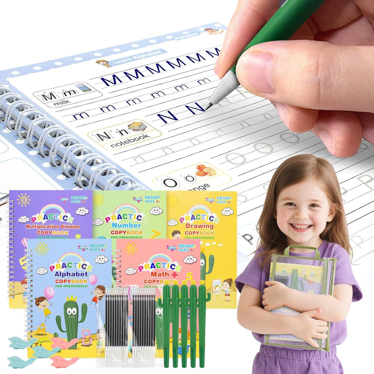 BYFWH Magic Groove Practice Copybook for Kids, Reusable Writing Practice Books, Grooved Handwriting Book Set for Kid Ages 3-8 Calligraphy 5.59 * 7.91 (5 Medium Books with Cactus Pens & Gift Box)