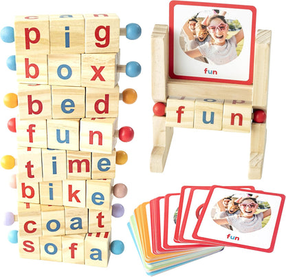 Montessori Reading Blocks & Flash Cards Set – Learn to Read CVC Word Games for Toddlers 2-4 – Short Vowel Spinning Rods, Phonics Toys, Reading Montessori Toys for 4 Year Old for Preschool & Homeschool