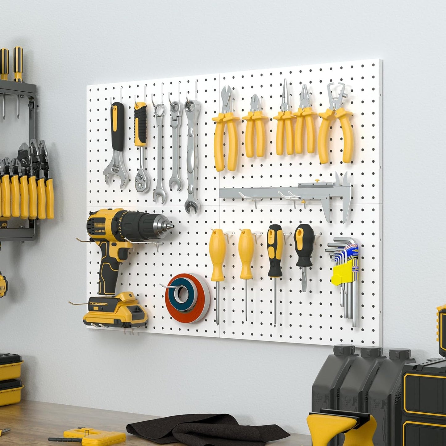 Spampur Peg Board, 4 Pack Metal Pegboard Panels with 50 Hooks, Black Pegboards Wall Organizer, Heavy Duty Peg Board for Walls Home, Garage Tool Storage, Office Organization, Craft Room, Kitchen