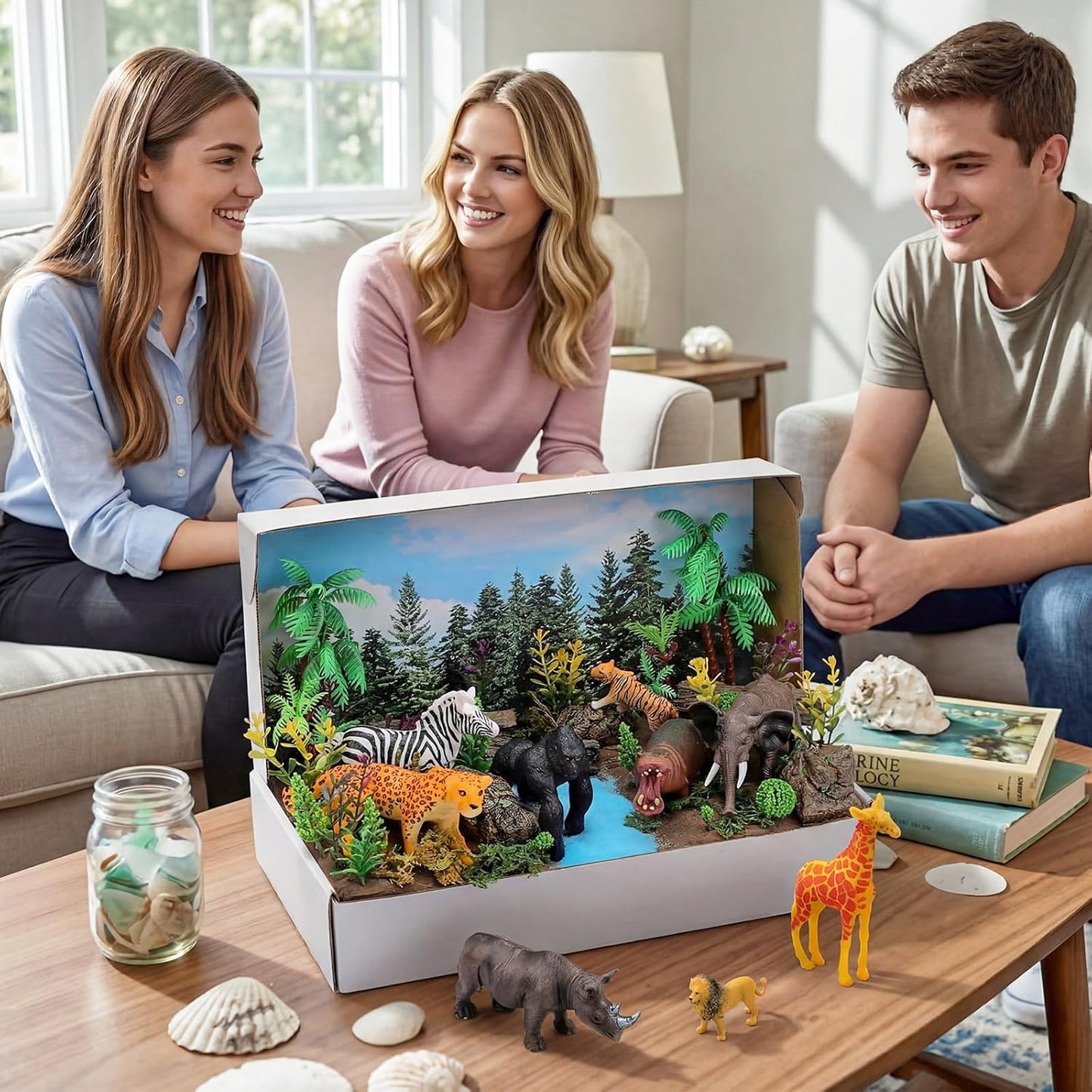 Teyva Daily 48 Pcs Dinosaur Diorama Kit Habitat Project Box Set 3D Dinosaurs Diorama Supplies Include Dinosaurs Model Figures & Eggs Volcano Artificial Trees with Cardboard for DIY Crafts Gifts
