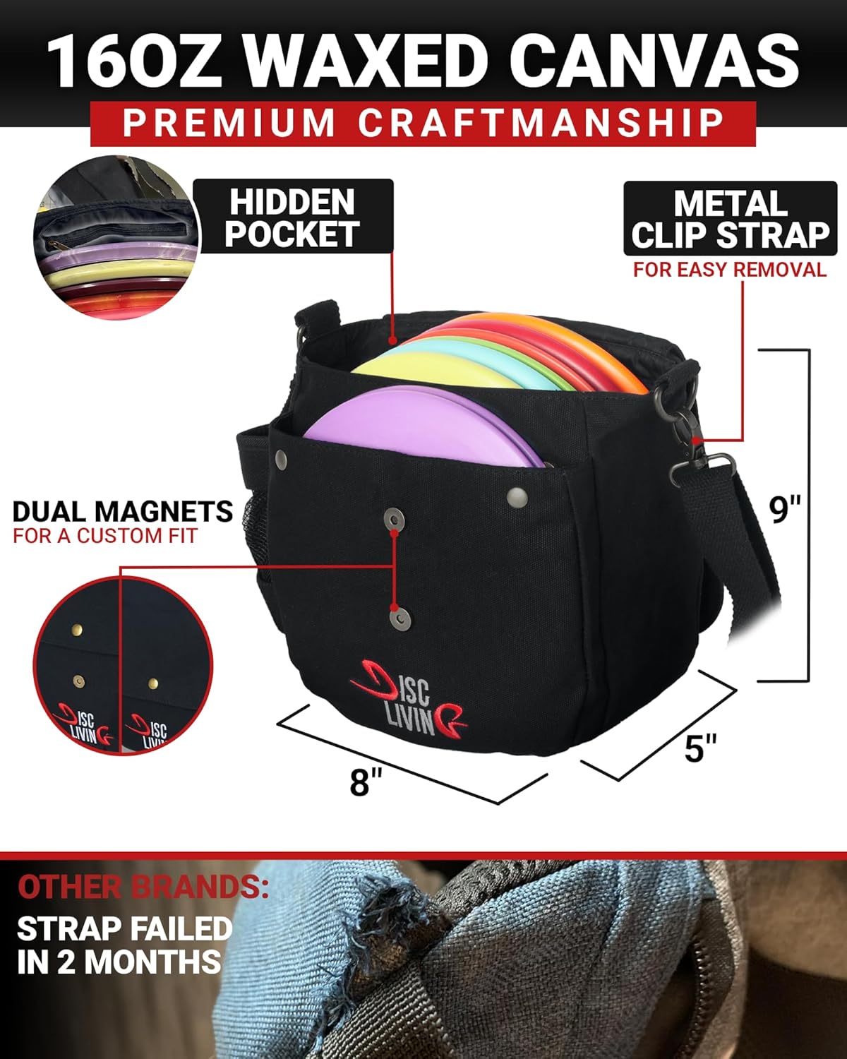 Disc Golf Bag | Frisbee Golf Bag | Easy to Carry | Lightweight Fits Up to 10 Discs | 16 oz Waxed Canvas Sturdy Design | Belt Loop | Double Button Design | Bottle Holder