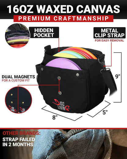 Disc Golf Bag | Frisbee Golf Bag | Easy to Carry | Lightweight Fits Up to 10 Discs | 16 oz Waxed Canvas Sturdy Design | Belt Loop | Double Button Design | Bottle Holder