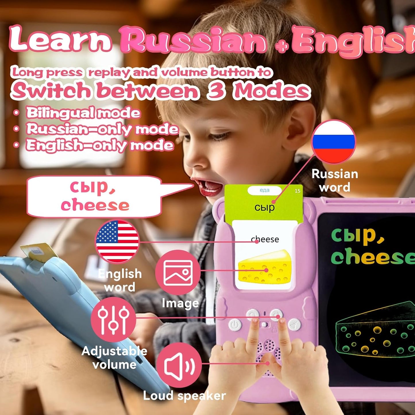 Talking English & Spanish Flash Cards - 8" LCD Writing Tablet for Kids 3-12, Bilingual 510 Sight Words, Toddler Pocket Speech, Drawing Sketch Pad, Autism Toys for Boys (Spanish, Blue)