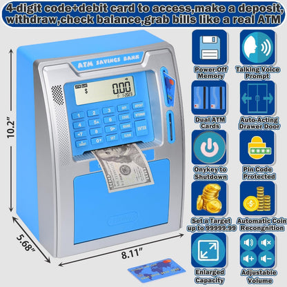 Fishboy Talking Pink ATM Piggy Bank for Kids with Dual Debit Cards, Power-Off Memory, Auto-Opening Drawer for Real Money for Girls, Onekey Shutdown, Bill Feeder, Coin Recognition, Balance Calculator