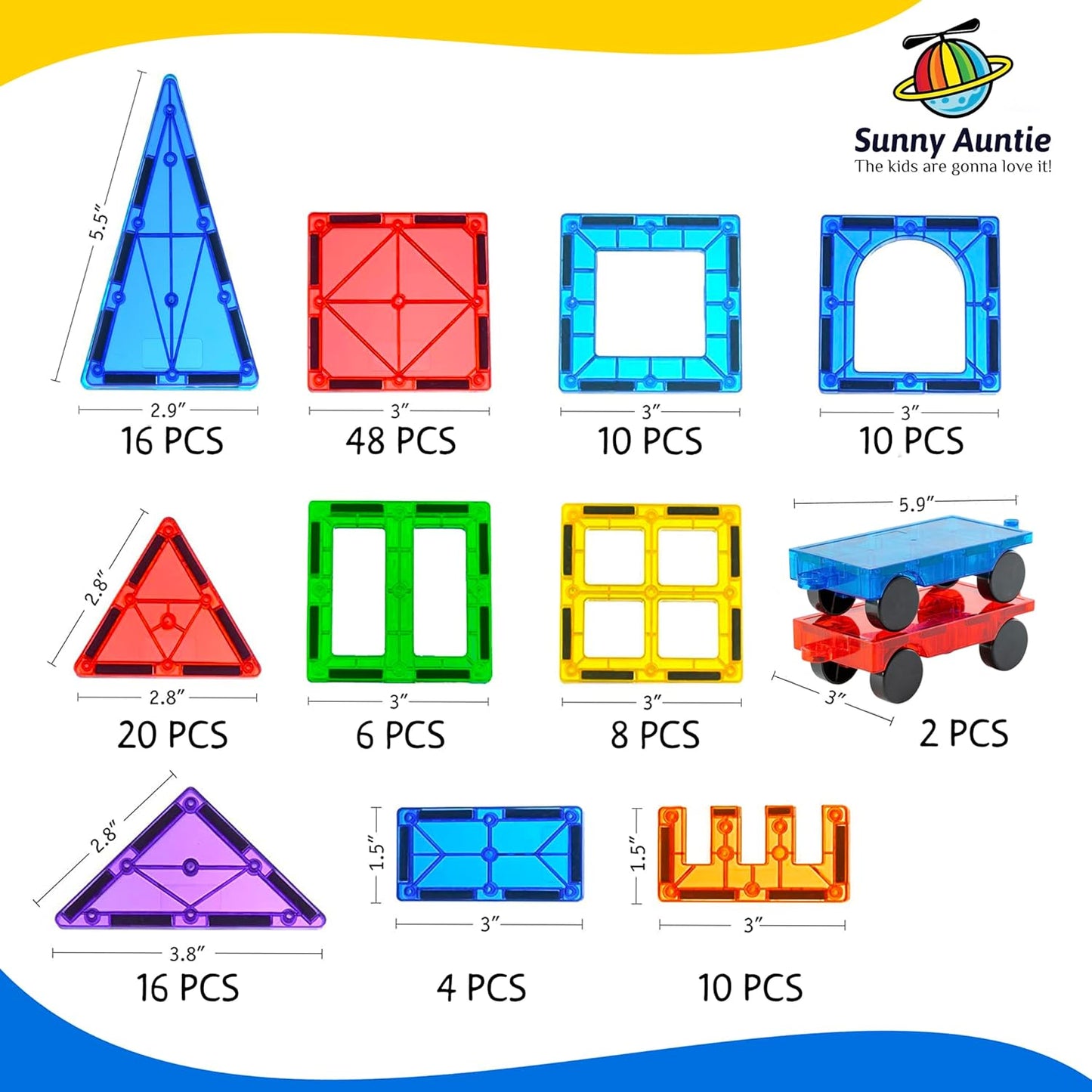 SUNNY AUNTIE Magnetic Tiles 125 PCS XL Set with Storage Bag – Magnetic Building Tiles for Kids Ages 3-8, STEM Magnet Construction Toy for Boys & Girls