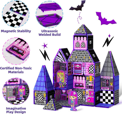 GobiDex Magnetic Tiles Doll House Building Toys, Monster Magnetic Blocks for Kids Ages 3-8,STEM Magnet Toys Birthday for 3+ Year Girls,Haunted Castle Playset