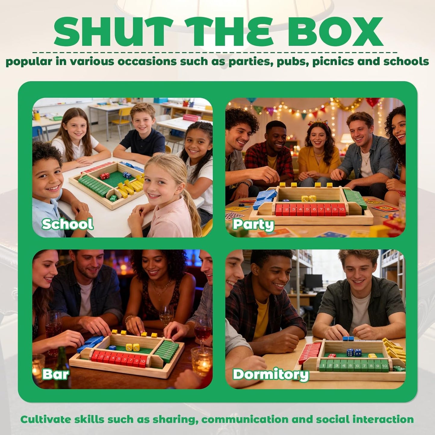 Shut The Box Game, 1-4 Players, Classic 8Dice Closed-Box, Improves Mathematical Skills, Suitable for Families, classrooms, and Gatherings (8.74 * 8.74 inches, Vibrant Colors)